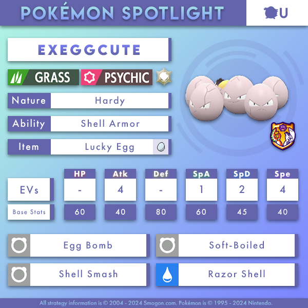 SmogonU's tweet photo. Egg-spect nothing less than absolute egg-selence from Exeggcute; an egg-stremely egg-septional setup sweeper that egg-serts immense pressure right from Team Preview, it's ready to egg-sterminate the opposition after a single turn of setup! https://t.co/wJ88p3FKHC
