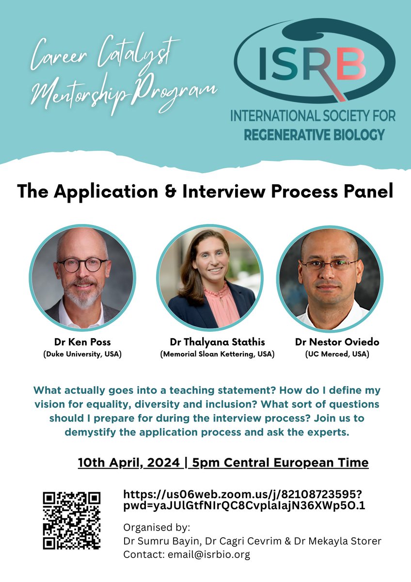 Calling all mentees: Our next Career Catalyst Mentorship Panel Discussion on 'The Application & Interview Process' will be held April 10th at 5pm CET with @Ken_Poss_Lab, #NestorOviedo #ThalyanaStathis