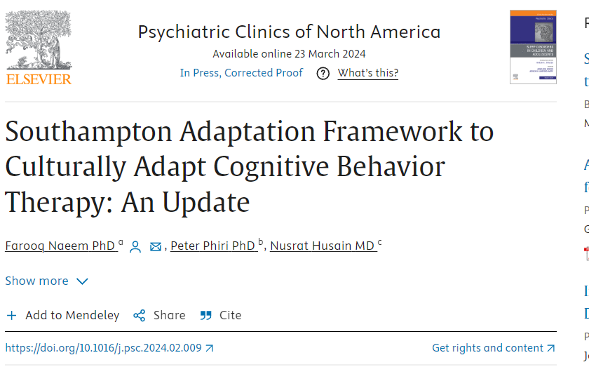 Southampton Adaptation Framework to Culturally Adapt CBT (used in 6 countries and tested in more than 20 RCTs) @hambahamba01 @sfarooqlrh @DrKhan_do @BABCP @AACBT_org_au @CACBT @owlvin_ng @rcpsychTSIG @wacp @PakistanPill sciencedirect.com/science/articl…