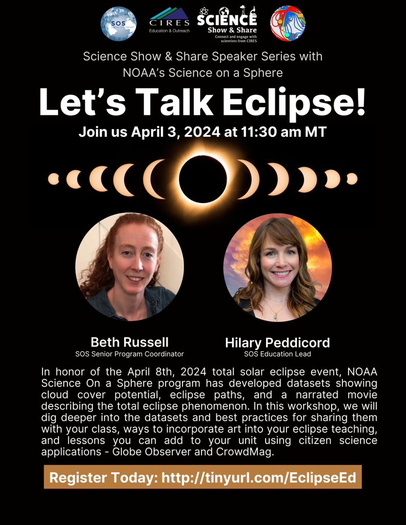 CiresCEEE's tweet photo. It's the final call to join us for the upcoming Science Show &amp; Share workshop: Let's Talk Eclipse with @NOAAeducation Science on a Sphere. Analyze eclipse data and incorporate art &amp; citizen science into your classroom
🗓️ April 3, 2024 @ 11:30 AM MT
➡️ https://t.co/tOSLzCvr4N https://t.co/R7bfo0aiey