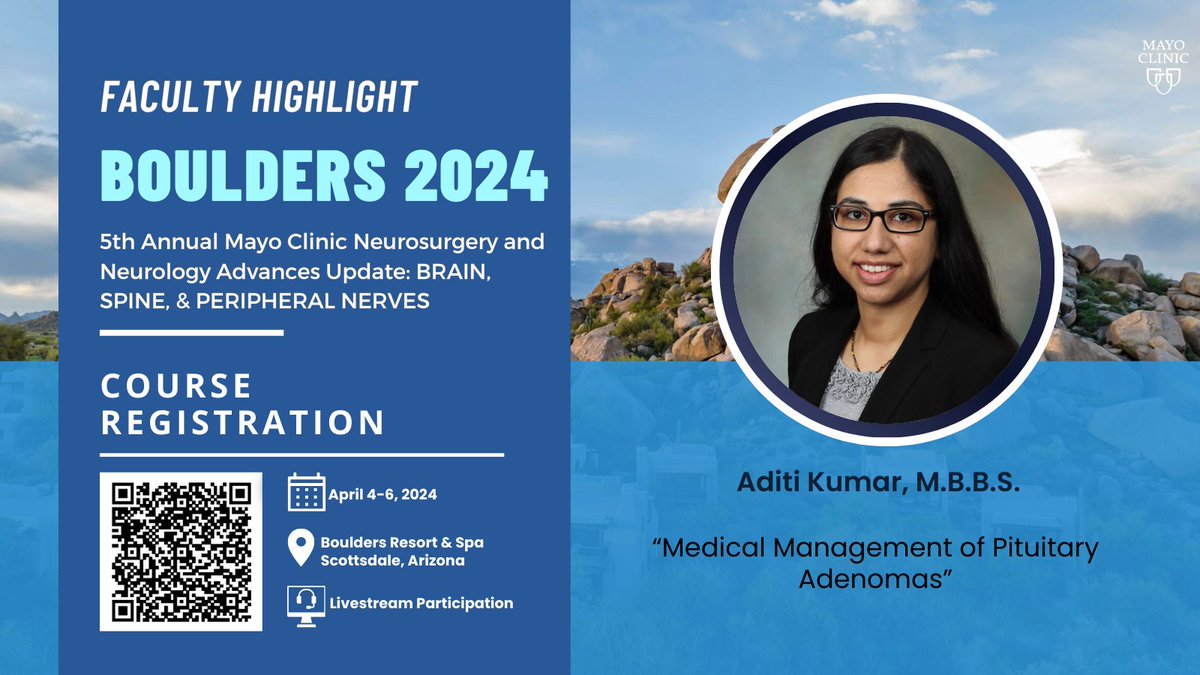 We are proud to announce that Dr. Aditi Kumar, our renowned Pituitary Endocrinologist, will be part of the Boulders 2024 faculty. On April 6th, join us for the Tumor and Skull Base Session to learn more about the Medical Management of Pituitary Adenomas. Register today at