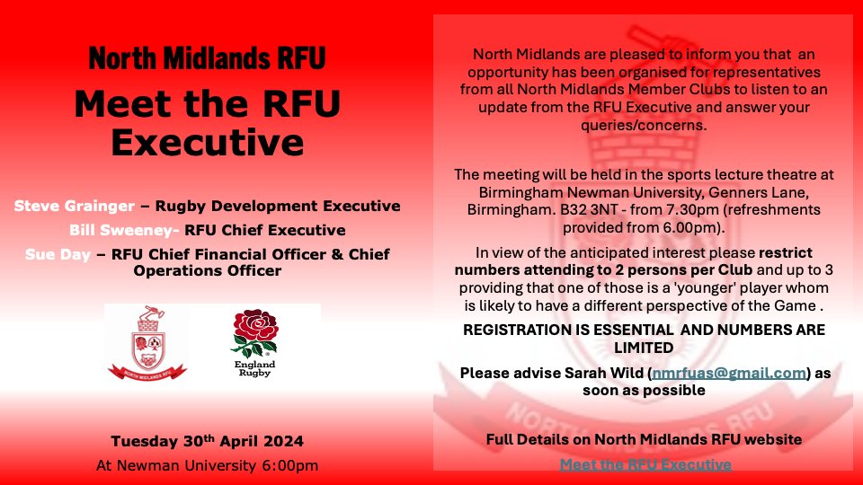 North Midlands RFU have organised a 'Meet the RFU Executive' for member clubs only on Tuesday 30th April @NewmanU For full details please go the website - places are limited to 3 per club - northmidsrfu.co.uk/meet-the-rfu-e… @EnglandRugby