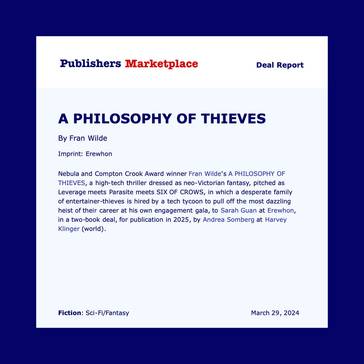 @fran_wilde @andreasomberg @ErewhonBooks ICYMI, it's on PM! I'm publishing @fran_wilde's twisty, incisive, genre-smashing heist novel A PHILOSOPHY OF THIEVES! This book is a stack of biting socioeconomic critiques wrapped in a sparkling ballgown with a detonator up its sleeve—go read an excerpt! reactormag.com/erewhon-announ…