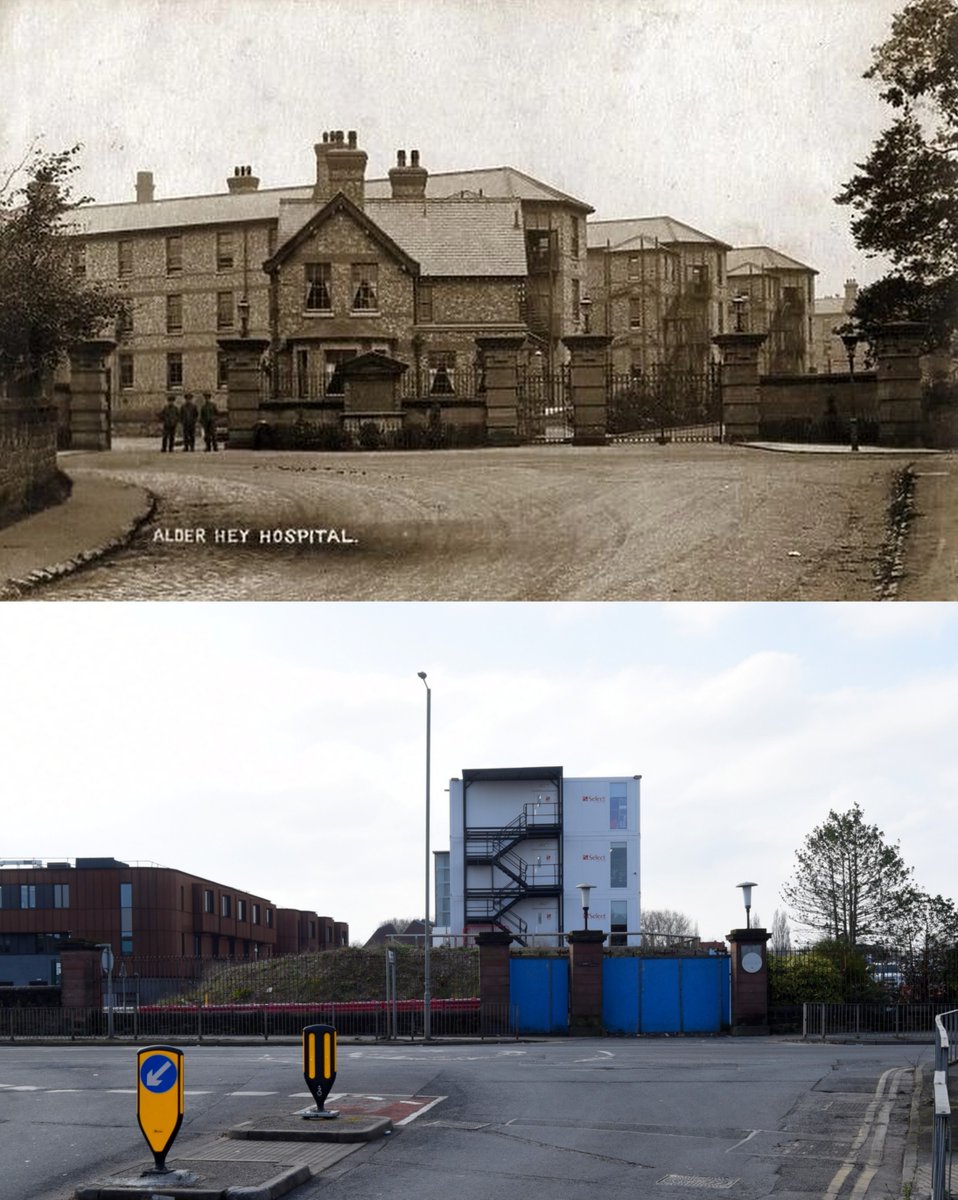 Honey's Green Lane at Eaton Road, West Derby, late 1910s and 2024 Showing buildings of the original Alder Hey hospital, which had opened in 1914 alderhey.nhs.uk/about/trust/hi…