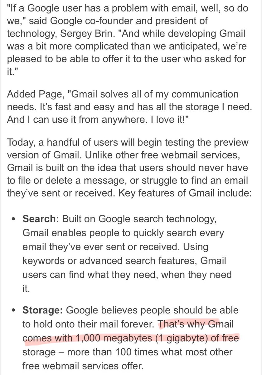 TrungTPhan's tweet photo. Google launched G-mail 20 years ago on April Fool’s day with this press release.

Many thought it was a joke because it offered 1G of free storage (~100x more than competitors).

It ruined April Fool’s for me because G-mail now has 1.2B users and I have to take any of the ridiculous product “launches” today semi-seriously.