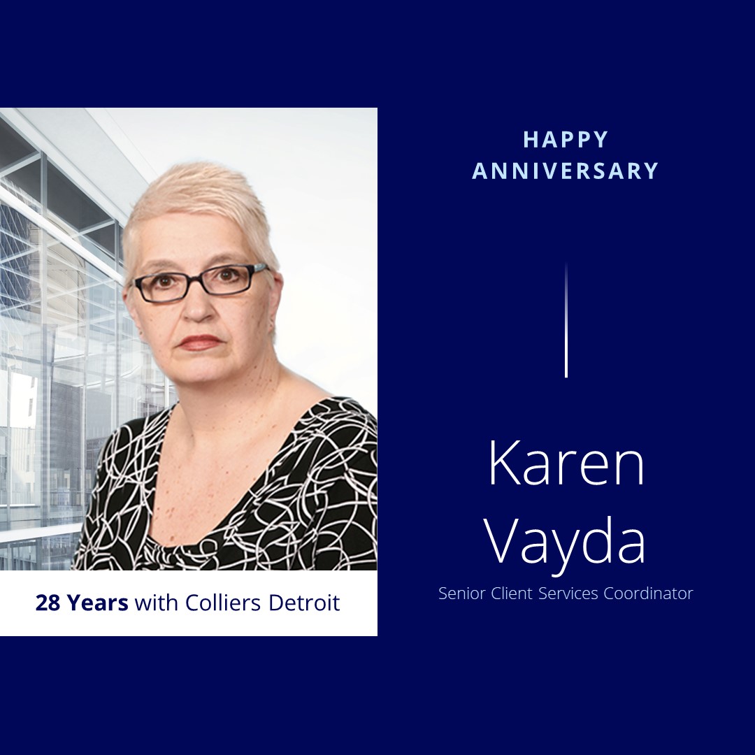 Congratulations to Karen Vayda for achieving 28 years of service at Colliers. Karen is a Senior Client Services Coordinator in our Royal Oak office. It's been a pleasure to have you here, Karen!
#ColliersDetroit #WorkAnniversary #AcceleratingSuccess