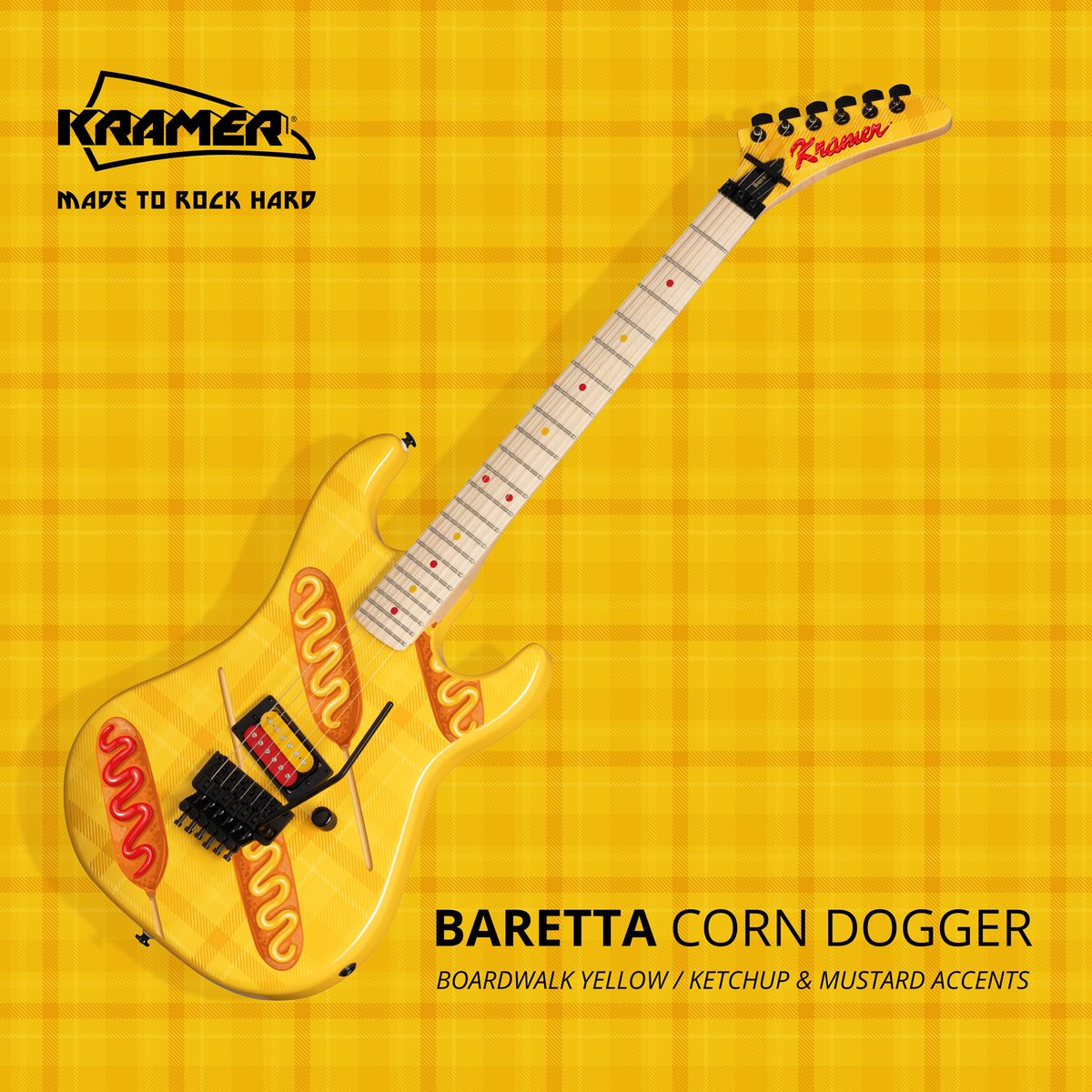 We are expanding our Party Picnic Collection with this tribute to one of the most delicious guitar designs in rock, the Baretta. Featuring a single Kramer Eruption Humbucker and a fresh out the fryer scratch-and-stiff sent. Available with your choice of condiments. 🤘🌽🌭😉