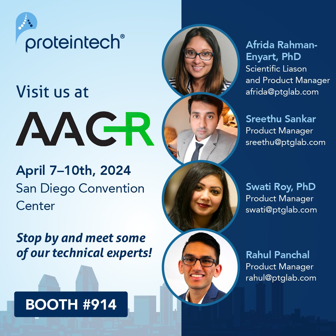 Proteintech will be in San Diego for AACR 2024 from April 7th - April 10th✈️ Learn about recent product updates and exclusive offers by reaching out to our staff to set up a meeting, or by stopping at booth 914 to chat with our team. We'll see you there! #cancerresearch #aacr