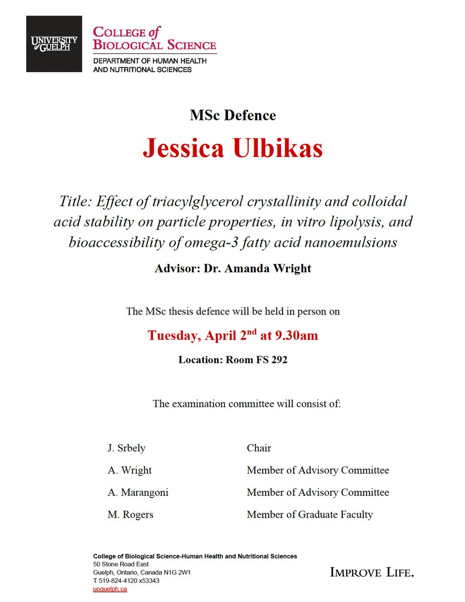 📢Jessica Ulbikas, MSc Candidate, Will Defend Her Thesis! 🧪Triacylglycerol Crystallinity & Colloidal Acid Stability ⏰9:30 am 🗓️Tuesday, April 2nd, 2024 📌Food Sciences, Room FS 292 🔬#WomenInSTEM #womeninscience 🏛️#UofG #UofGCBS