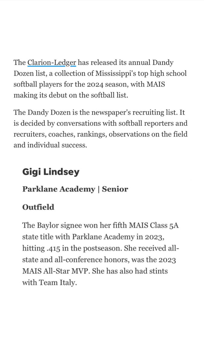 Gigi Lindsey (@_gigilindsey) on Twitter photo Dandy Dozen! Thank you for the honor, <a href="/clarionledger/">Clarion Ledger</a> !
<a href="/Parklane_Sports/">Parklane Academy Athletics</a> <a href="/BUMoore/">Glenn Moore</a> Dandy Dozen! Thank you for the honor, <a href="/clarionledger/">Clarion Ledger</a> !
<a href="/Parklane_Sports/">Parklane Academy Athletics</a> <a href="/BUMoore/">Glenn Moore</a>