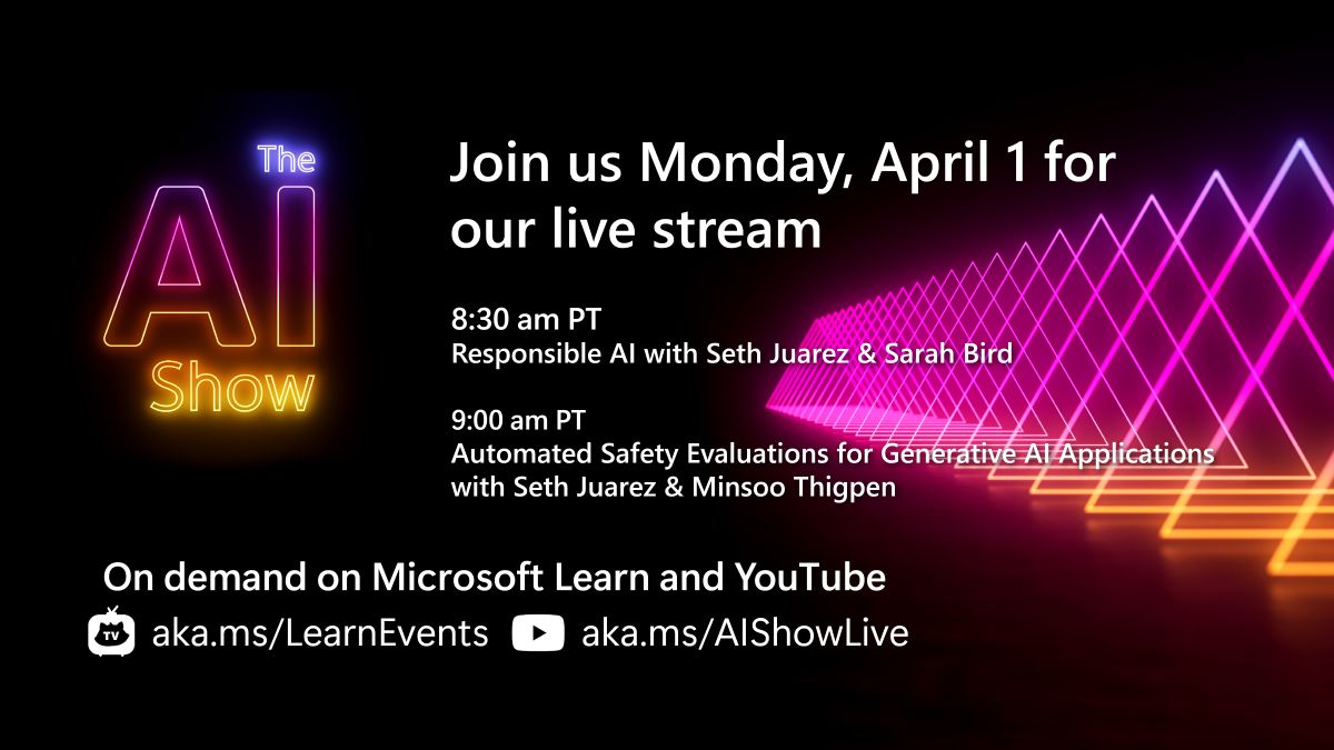Responsible AI with Sarah and Minsoo coming up live on the next episode of the #AIShow LIVE - tune in here: buff.ly/3VFY5nS