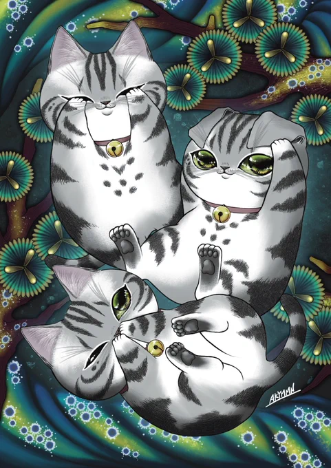 #絵 #イラスト #art #illustration#創作 #original #猫 #ねこ #cat#猫好きさんと繋がりたい眠り猫のオマージュできたので以前描いた三猫と並べる。 