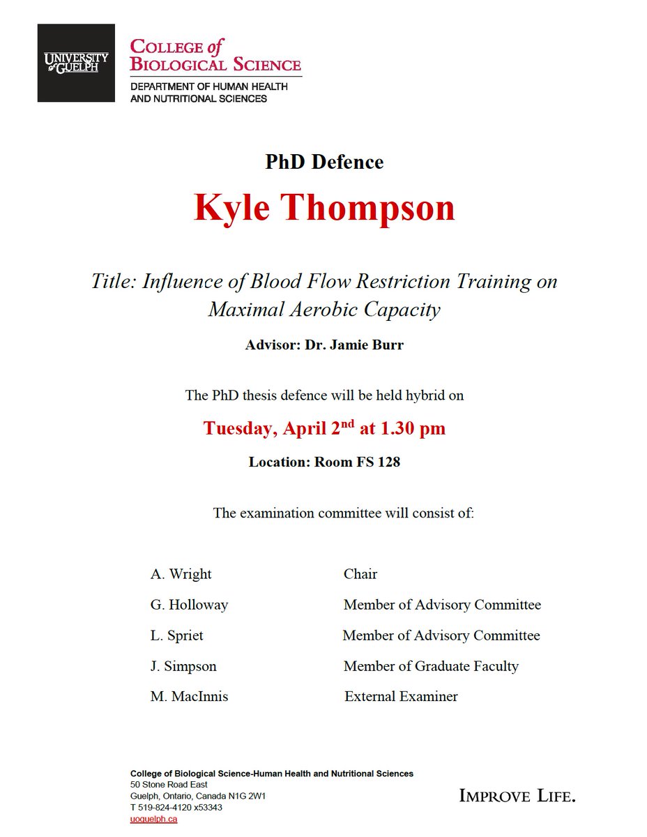 📢Kyle Thompson, PhD Candidate, Will Defend His Thesis! 🫀Blood Flow Restriction Training & Maximal Aerobic Capacity 🥼Prof. Jamie Burr's Lab Team @UofGResearch! 🚴‍♀️Human Performance Lab: hplguelph.weebly.com ⏰1:30pm 🗓️April 2 📌Food Sciences, Room FS 292 🏛️#UofG #UofGCBS