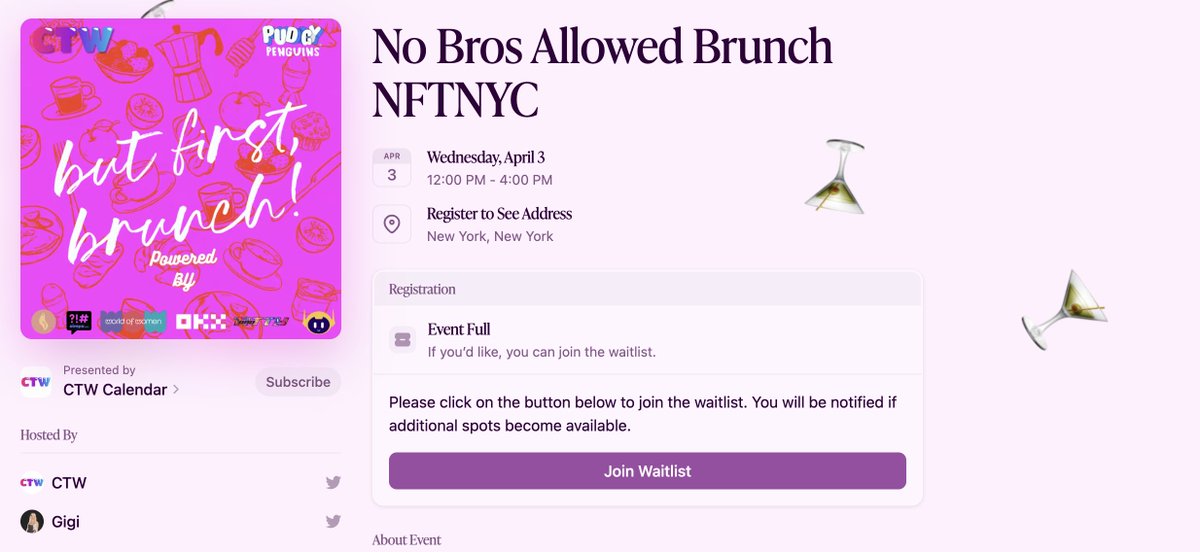 gm 🌞 You thought I was finished talking about the brunch. I thought I was finished. Turns out I wasn't finished. Excited to announce @worldofwomennft as our new partner. Thank you WoW for showing up for us ❤️ We have 260 women on the list and counting. Waitlist RSVP 👇