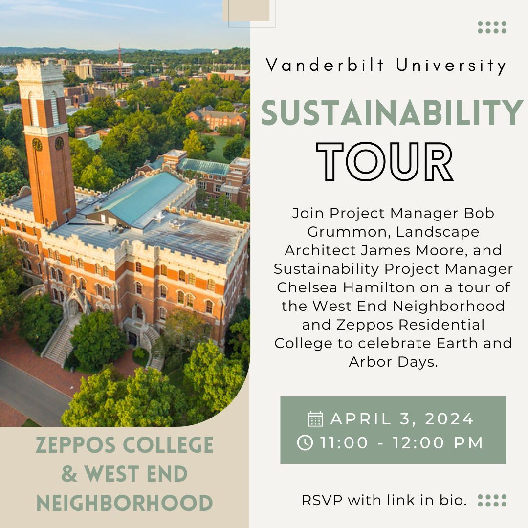 Join us for a West End Neighborhood and Zeppos Sustainability Tour this Wednesday from 11-12pm. Celebrate Earth Month by hearing from VU Facilities and Sustainability staff as you explore Zeppos and West End Neighborhood. RSVP buff.ly/4cveUb7