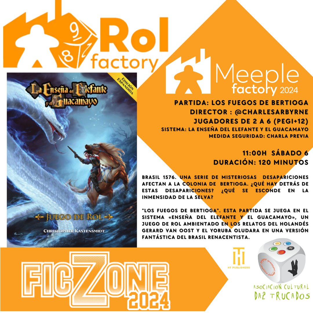 Partida de rol en la zona Rol Factory en <a href="/MeepleFactory/">Meeple Factory</a> el sábado 6 11:00h. Además, gracias a la colaboración de la editorial <a href="/HTPublishers/">HT Publishers</a> , tendremos un par de manuales para sortear entre los participantes. ¡No pierdas esta oportunidad! <a href="/FicZone/">FicZone</a>