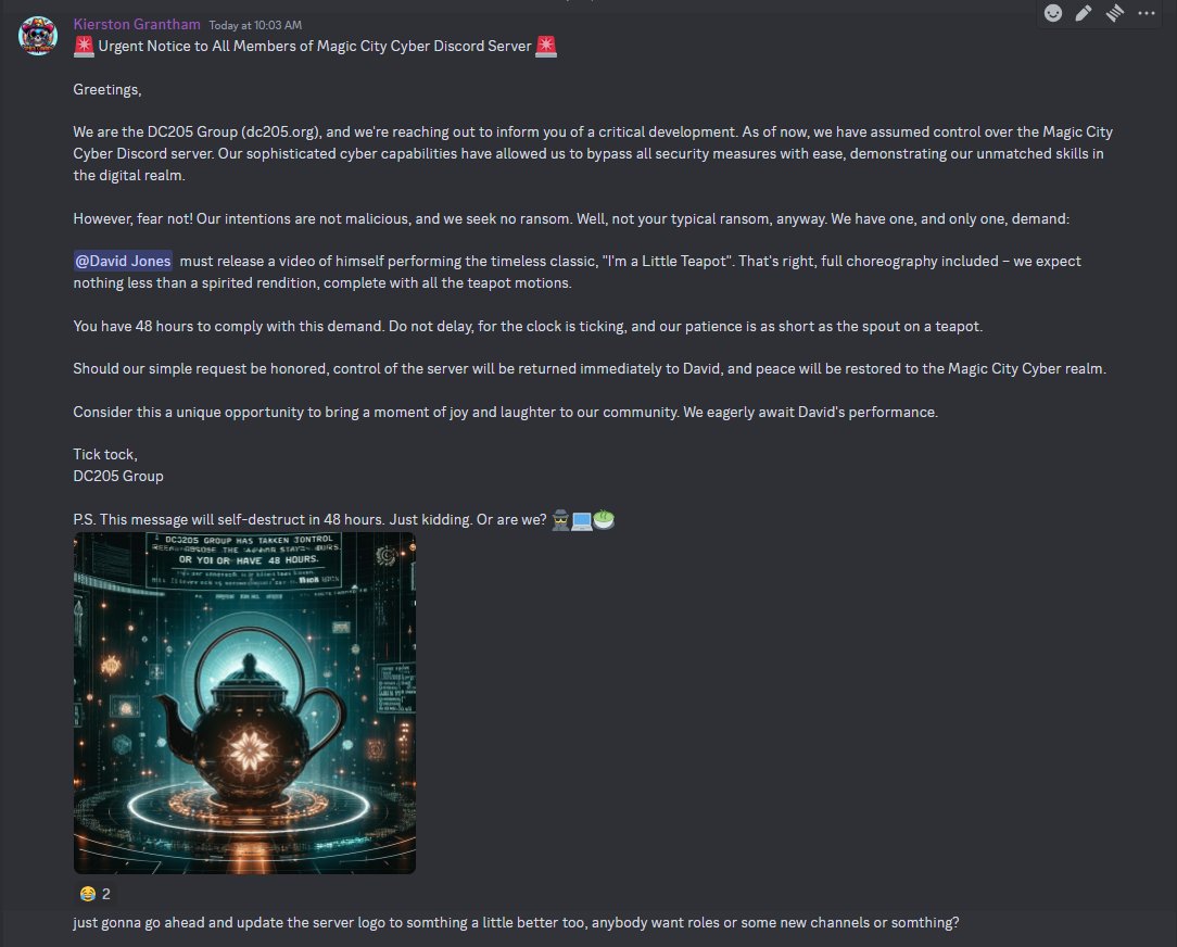 #dc205 has hacked the magic city cyber discord server. Lesson: be cautious of people promising you free nitro. #hacktheplanet