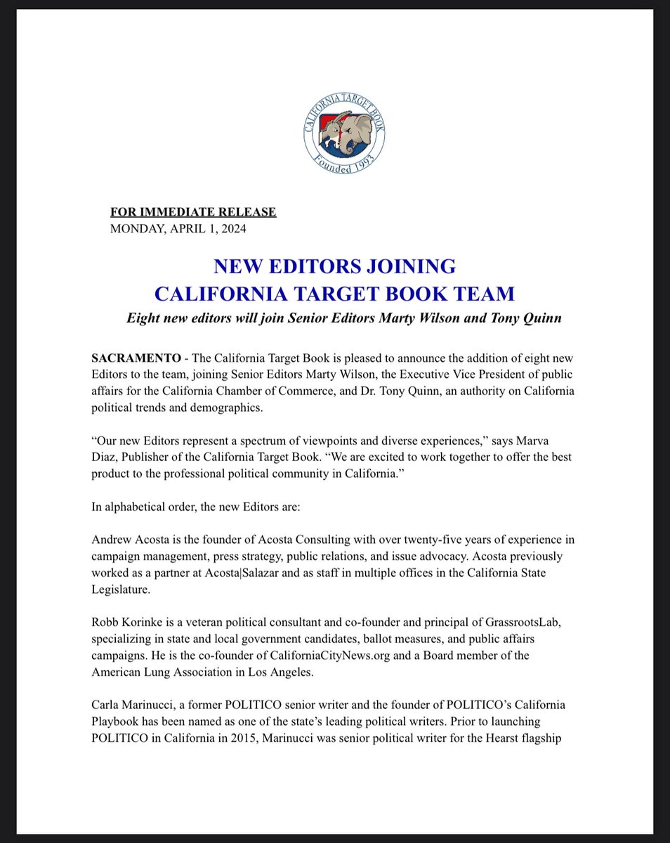 CATargetBook's tweet photo. NEWS: The California Target Book is pleased to announce the addition of eight new Editors to the team.

Full release here: 
https://t.co/5jCX4kayqn https://t.co/zLt2YueSqv