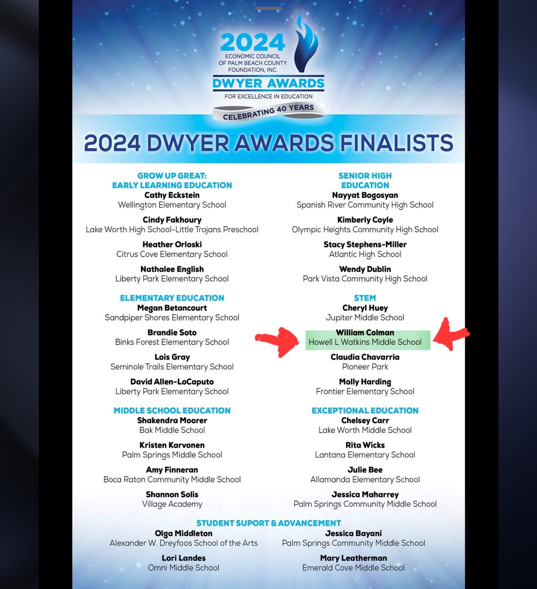 Congratulations to our own @MrColman13 for being a Finalist for the Dwyer Award for STEM!! @WatkinsSeminol1 #ExcellenceistheStandard #LeadingwithLOVE