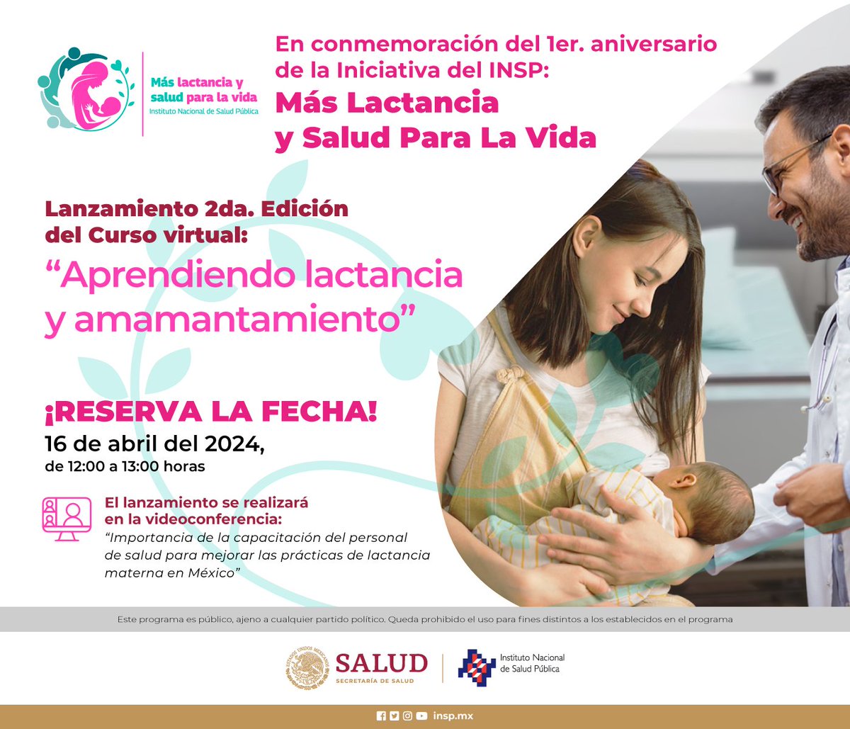 1CINyS's tweet photo. ¡Aparta la fecha!
Lanzamiento del curso virtual:
"Aprendiendo #lactancia y amamantamiento 2da. edición"
En el marco del conmemoración del 1er. aniversario de la Iniciativa del INSP: #MásLactancia y salud para la vida
📆16 de abril
🕛12 horas
🔗En breve se comparte link https://t.co/xVujzAmaEL