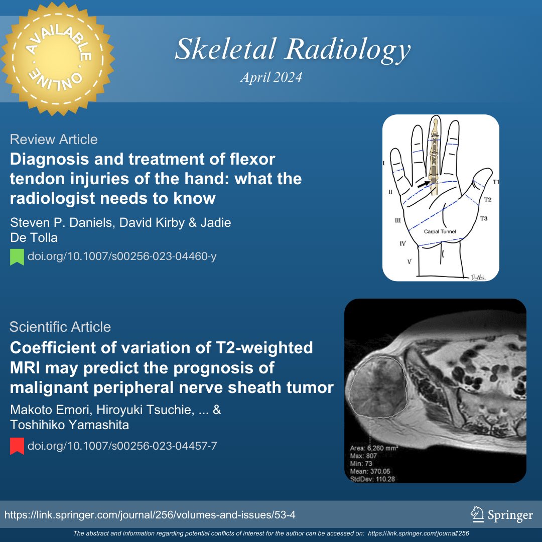 Access the April issue of the #SkeletalRadiology Journal To read the full articles, use the following links: 🟢 rdcu.be/dC12X 🔴 rdcu.be/dC11L #SkeletalRadiology #SkeletalJournal #SKRAJournal