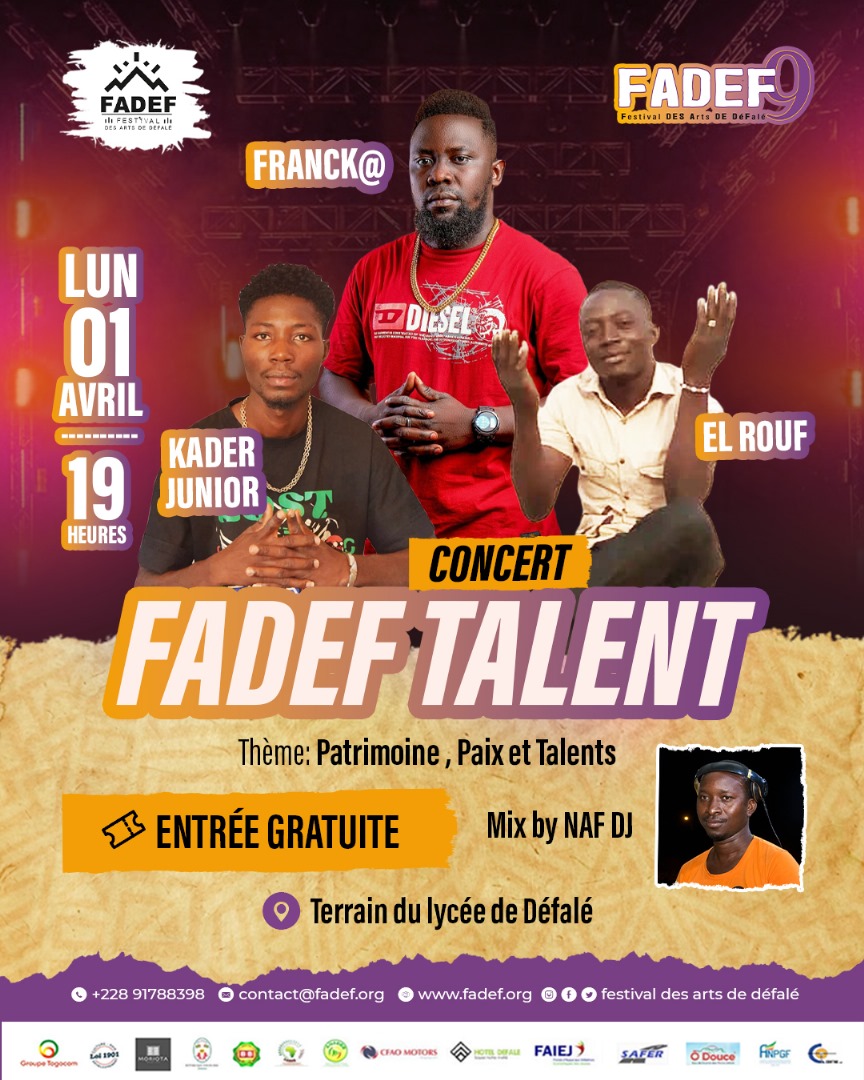 zeusreas's tweet image. A ce soir sur le site de la foire gastronomique et artisanale du FADEF pour le giga concert ✌️

📆: 03 au 07 Avril 2024 à Défalé

 Info Line:
☎️: +228 91788398
Inscription 👇: 
fadef.org/preinscription

#festival #defale #Paix #Patrimoine #Social #Talent #Afrique #togo