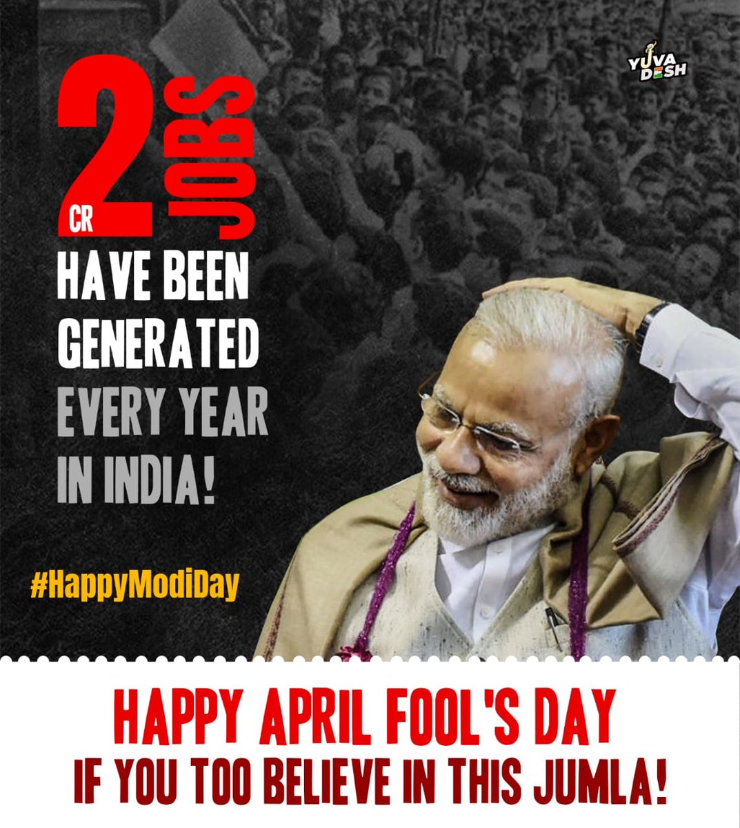 IYCMadhya's tweet photo. Happy April Fool's day aka #HappyModiDay to all those who believed in the Jumla of 2 crore jobs....
#BerozgarBond https://t.co/AmjLQEY6HW
