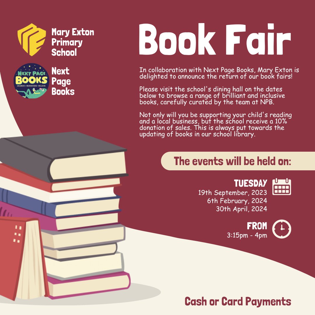 The wonderful team from @nextpagebooksUK will be back visiting us on Tuesday 30th April after school in the dining hall. Please do pop along to support them, the school and your children's reading. As always there'll be a fab and broad range of books to peruse! #MEReading