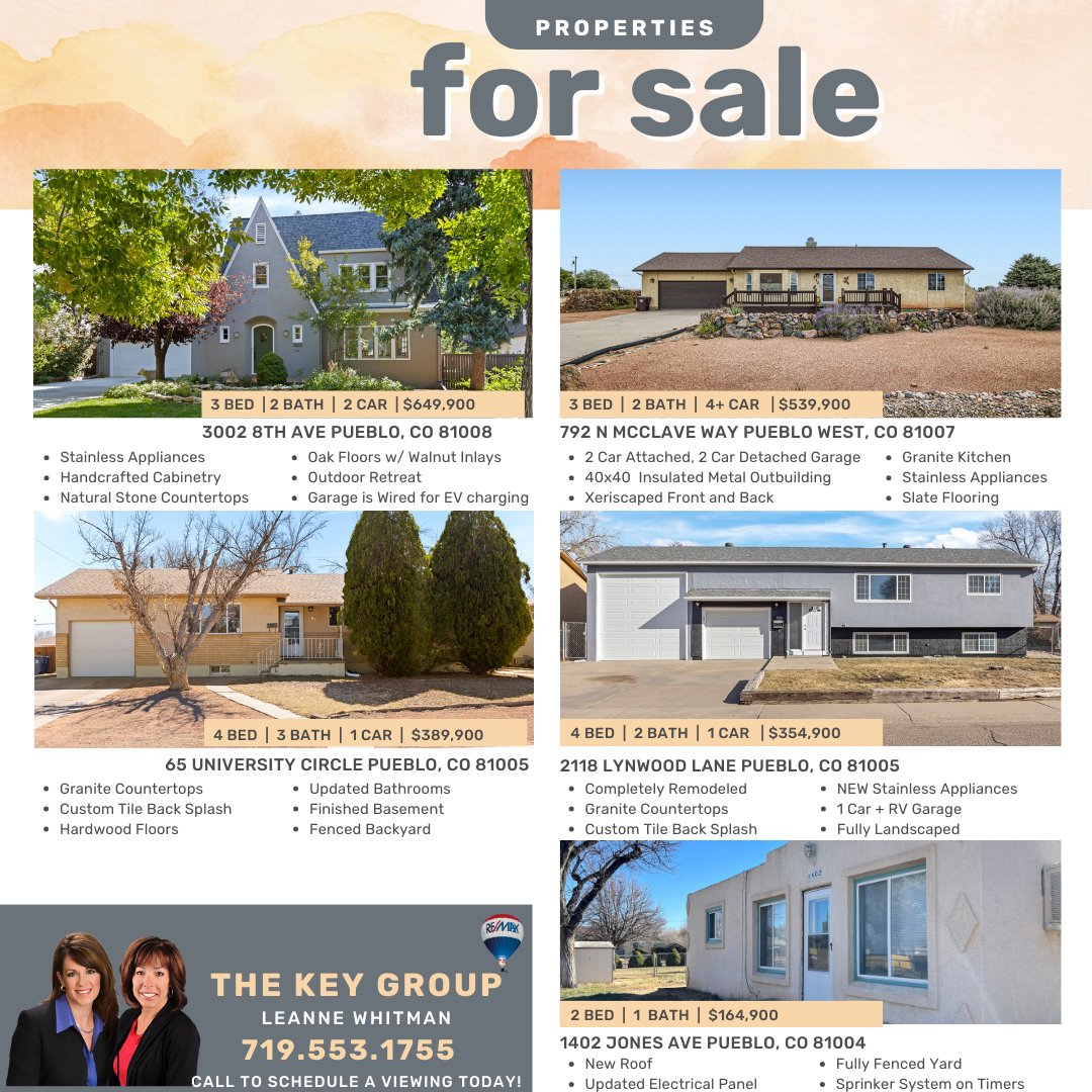 🏘✨PROPERTIES FOR SALE✨🏘

𝘾𝙖𝙡𝙡 𝙩𝙤 𝙨𝙘𝙝𝙚𝙙𝙪𝙡𝙚 𝙖 𝙫𝙞𝙚𝙬𝙞𝙣𝙜 𝙩𝙤𝙙𝙖𝙮!
📲 𝟳𝟭𝟵.𝟱𝟱𝟯.𝟭𝟳𝟱𝟱
📧 𝘁𝗵𝗲𝗸𝗲𝘆𝗴𝗿𝗼𝘂𝗽𝟮@𝗵𝗼𝘁𝗺𝗮𝗶𝗹.𝗰𝗼𝗺

#TheKeyGroup #ReMaxAssociates #ReMaxAgents #RealtorOfTheYear #SouthernColorado #RealEstate #HomeBuying