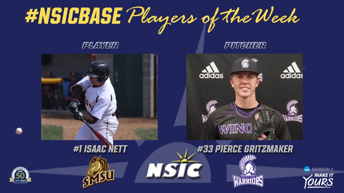 #NSICBase Release No. 8
#NSICPOW
Player: #1 Isaac Nett - SMSU
Pitcher: #33 Pierce Gritzmaker  - Winona State

Full Release at: northernsun.org/news/2024/4/1/…