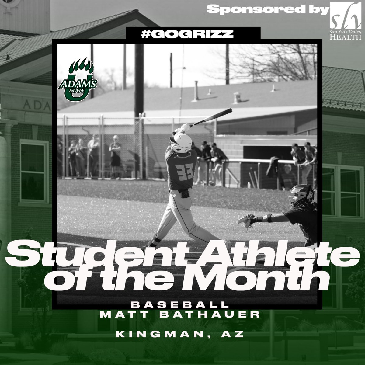 By helping @adams_state_baseball go on an EIGHT game win streak and going 10-15 last weekend, Matt Bathauer earns our March Player of the Month, sponsored by SLV Health! #GoGrizzGo