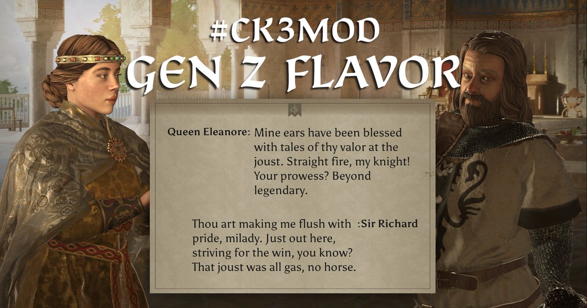 #CK3Mod - Gen Z Flavor 🔥 Medieval meets modern in this latest #CK3 mod that high key slaps. No cap. Spice up your royal court's interactions with Gen Z slang and bring that ✨2024 vibe✨ to your kingdom today!