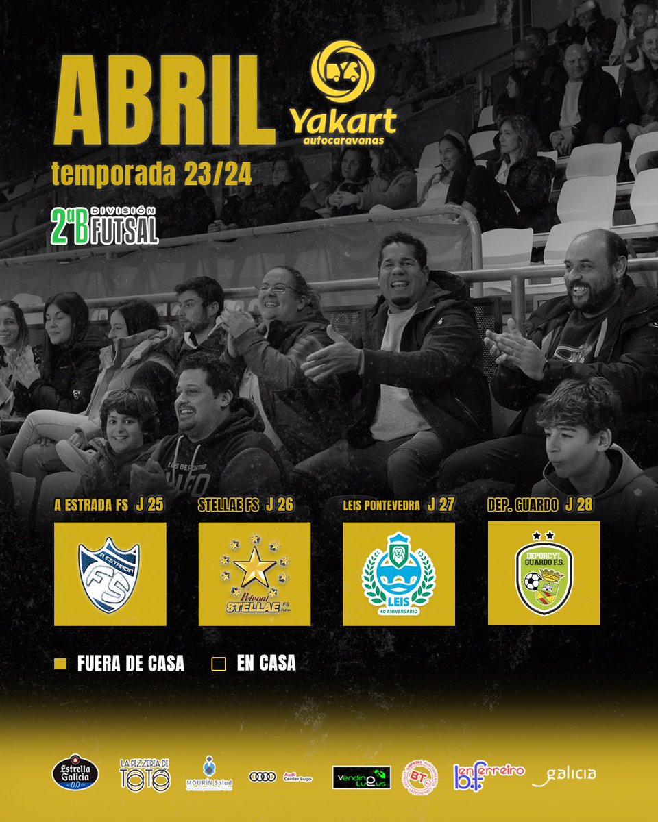 📆 ¡Bienvenido sea ABRIL! 

👉 ¡Estos son nuestros enfrentamientos de este mes! 

▶️ J.25 🆚 @AEstrada_Futsal 🚌
▶️ J.26 🆚 #StellaeFS 🏠
▶️ J.27 🆚 @LeisPontevedra 🚌
▶️ J.28 🆚 @Guardofs 🏠

#LugoSalaNuncaSeRinde