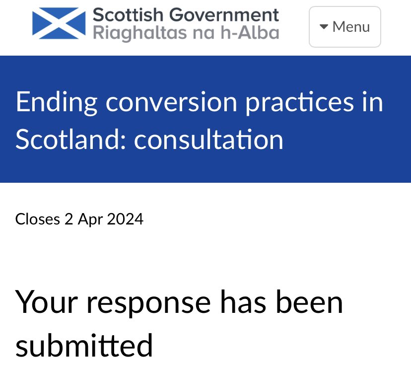 Today is the last day to respond to the consultation on ending conversion practices in Scotland. It is absolutely vital that we make sure that this abhorrent practice is rightfully banned. It only takes a few minutes & you can fill out the form here: consult.gov.scot/equality-and-h…