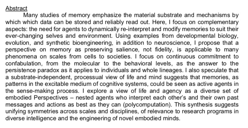 New preprint: osf.io/preprints/osf/… 'Self-improvising Memories: a perspective on memories as agential, dynamically-reinterpreting cognitive glue' This draft will surely be changed a lot (shortened & sanitized) when it becomes a reviewed paper, so here's the original.