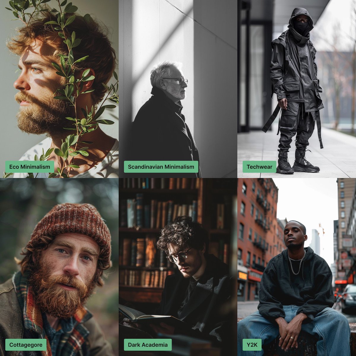 ciguleva's tweet image. 6 POPULAR AESTHETICS IN MIDJOURNEY

- Eco Minimalism
- Scandinavian Minimalism
- Techwear
- Cottagegore
- Dark Academia
- Y2K

Prompt: photo of a man, [AESTHETIC] --ar 2:3 --style raw --s 200

#midjourney