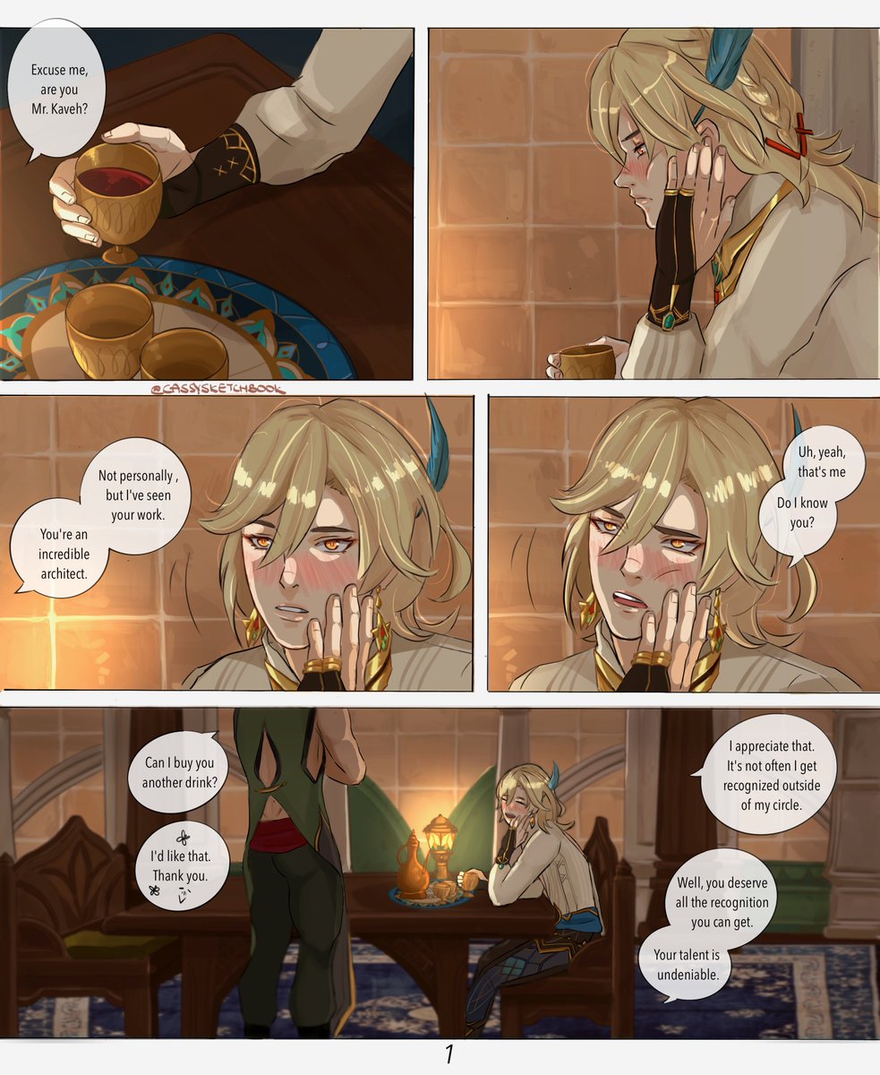 cassylovescandy's tweet photo. Page 1 &amp; 2 - Drunk and unlucky, #Kaveh seeks solace in a stranger. This sparks a confrontation with #AlHaitham, pushing Kaveh to his breaking point… #haikaveh #kavehtham  🍷 https://t.co/PRI4GR4Rs6