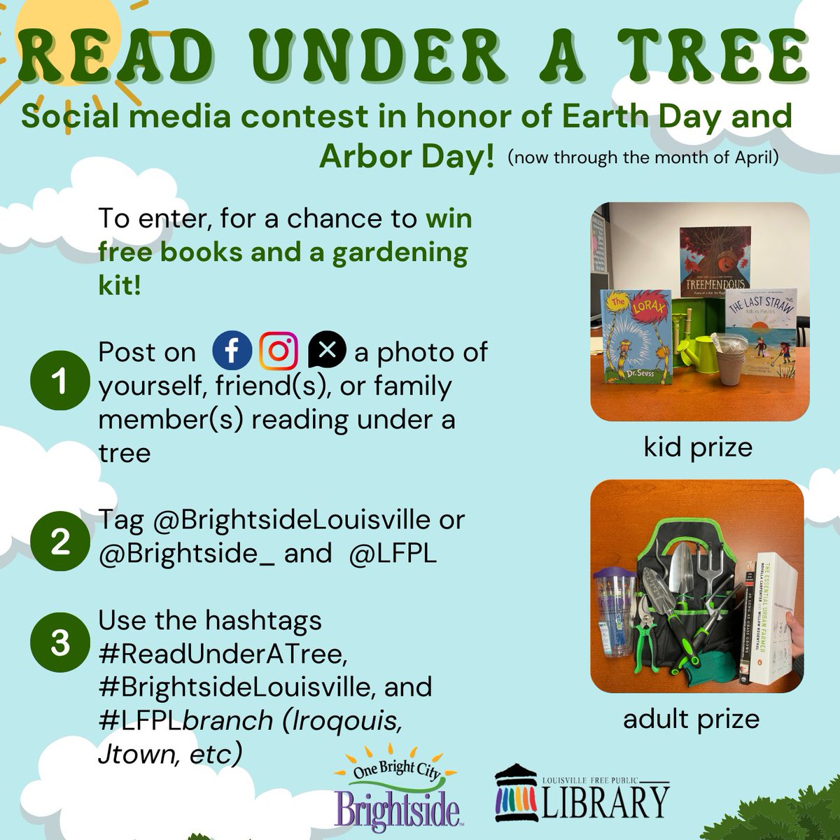 Brightside_'s tweet photo. Brightside Inc. in partnership with @lfpl is launching Read Under A Tree social media campaign! Post a photo of yourself reading under a tree. Tag Brightside, LFPL, and give some social media love to your local branch!
#ReadUnderATree #BrightsideLouisville #LFPL https://t.co/bgUDLXIKoW