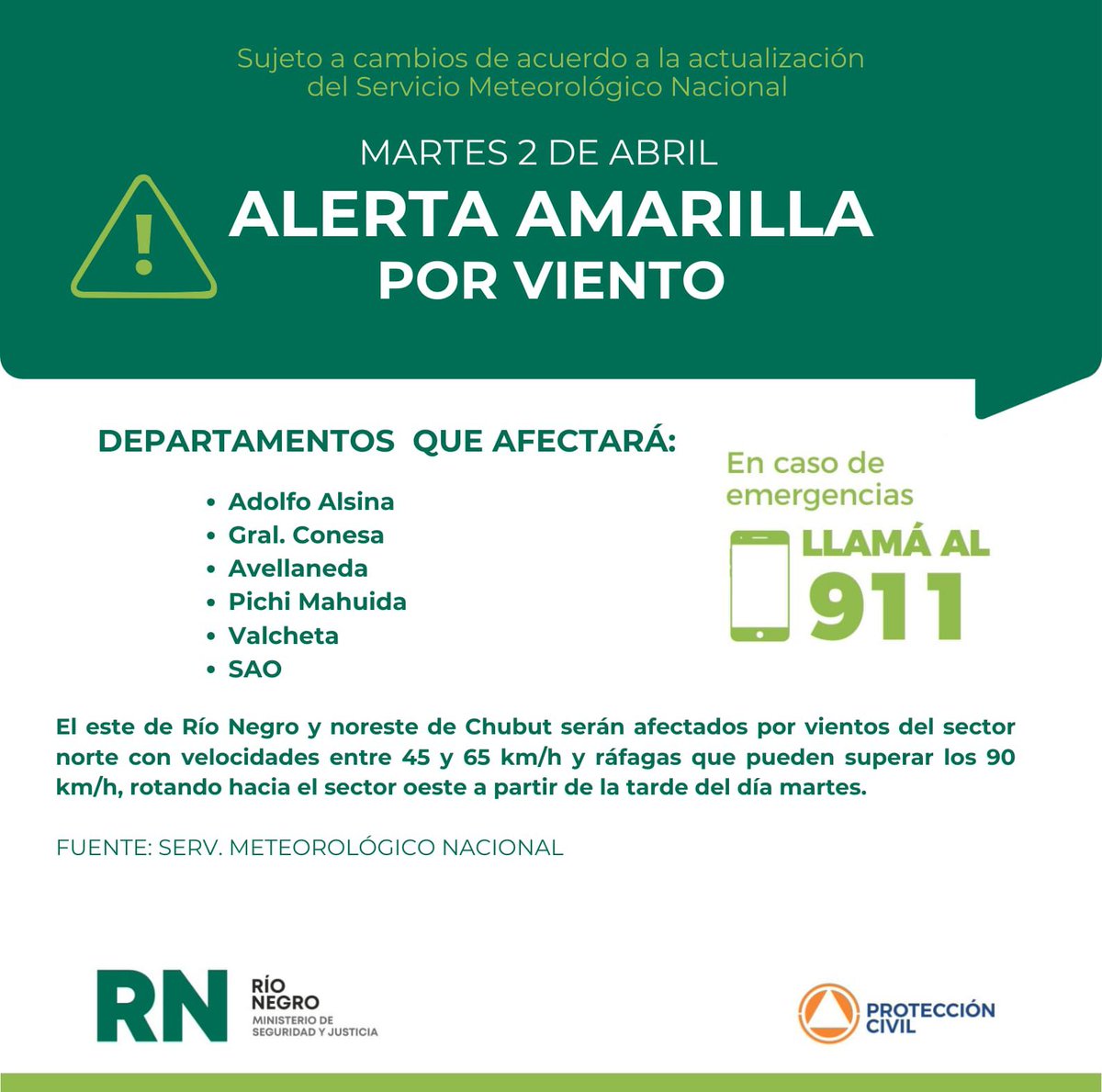 rionegrogob's tweet image. ⚠️ IMPORTANTE: Para mañana, martes 2 de abril, rigen alertas meteorológicas en distintos departamentos de nuestra provincia.  

❗️ Ante cualquier emergencia, no dudes en comunicarte al 911.