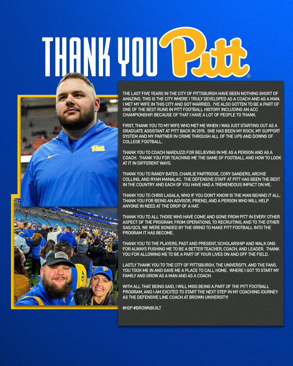 Phil DeCapito (@coachpdecapito) on Twitter photo Thank you to the City of Pittsburgh, & <a href="/Pitt_FB/">Pitt Football</a> for the last 5 years! Happy to announce that I have accepted the Defensive Line position <a href="/BrownU_Football/">Brown Bears Football</a> . Taking #QBK to the Ivy League! #BrownBuilt Thank you to the City of Pittsburgh, & <a href="/Pitt_FB/">Pitt Football</a> for the last 5 years! Happy to announce that I have accepted the Defensive Line position <a href="/BrownU_Football/">Brown Bears Football</a> . Taking #QBK to the Ivy League! #BrownBuilt