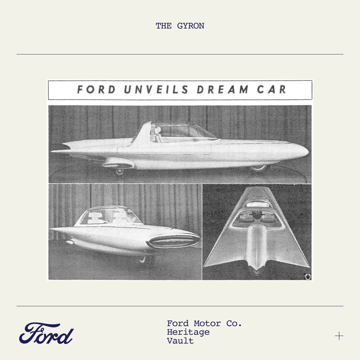 “The triangular-shaped Gyron concept car was revealed at the 1961 Century of Progress exhibit. It used small outrigger wheels to keep its balance while a motor moved it at 5mph. Sadly, it was lost to fire in 1962.” —Leslie Armbruster, Archives Manager Discover more at