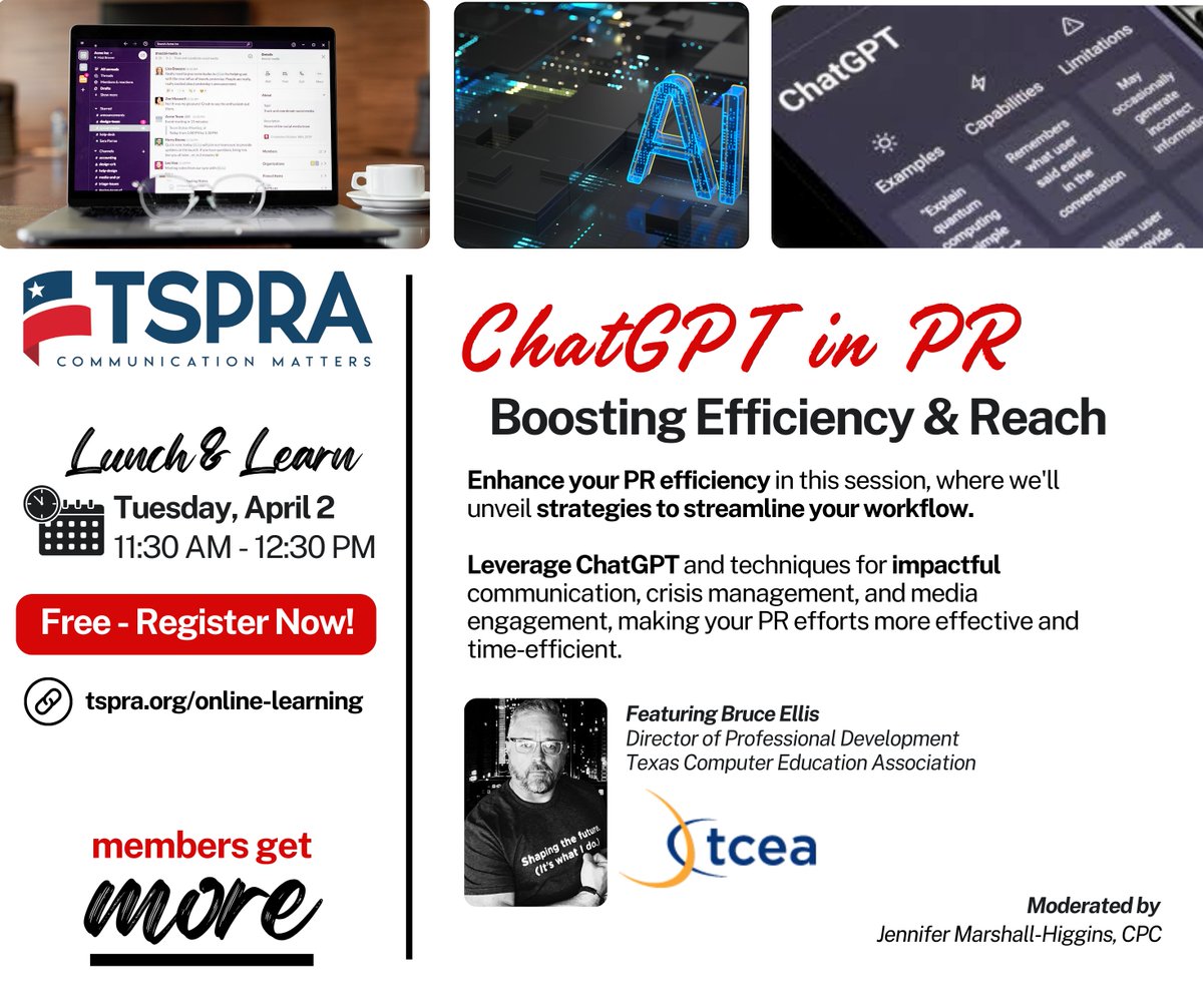 🚀 Elevate your PR game with this members-only online session with Bruce Ellis from @TCEA! Harness the power of ChatGPT and learn techniques for impactful communication, crisis management, and media engagement. Register for free >> tspra.org/online-learning #TSPRAMembersGetMore