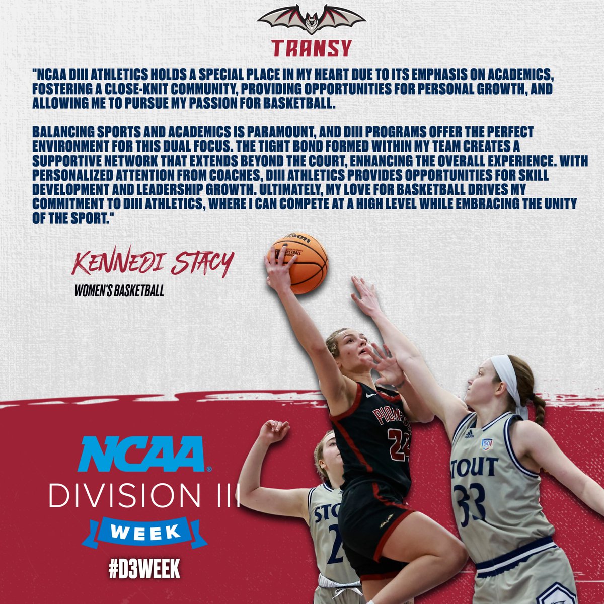 It’s #D3Week! Today, Transylvania Athletics is putting a focus on “Why D3?”. Throughout the day we will be highlighting different athletes and coaches, and what DIII has meant to them. @TUWBX 5th Year Senior Kennedi Stacy shares why DIII is important to her, and why it holds a