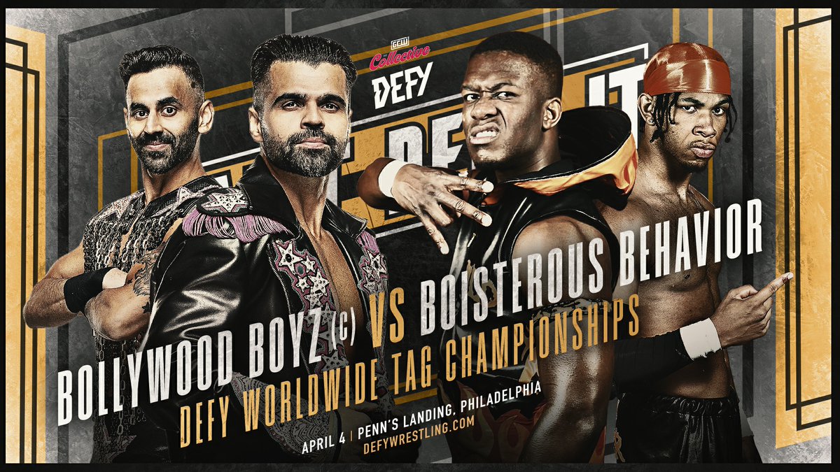 It's almost time .... BUT FIRST #matchdropmonday ! Bollywood Boyz put their Defy Worldwide Tag Team Championships on the line against Boisterous Behavior this Thursday in Philadelphia 👀👊 The weekend in Philly starts with a bang as DEFY comes crashing through the gates of…