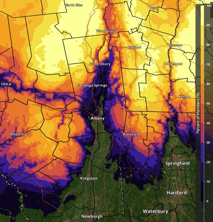 It's no joke - confidence is increasing for heavy snow in higher terrain areas around the region later this week. Here's a look at the likelihood of 6' of snow Wednesday morning through the duration of the storm from one source of ensemble guidance. #nywx #vtwx #mawx #ctwx