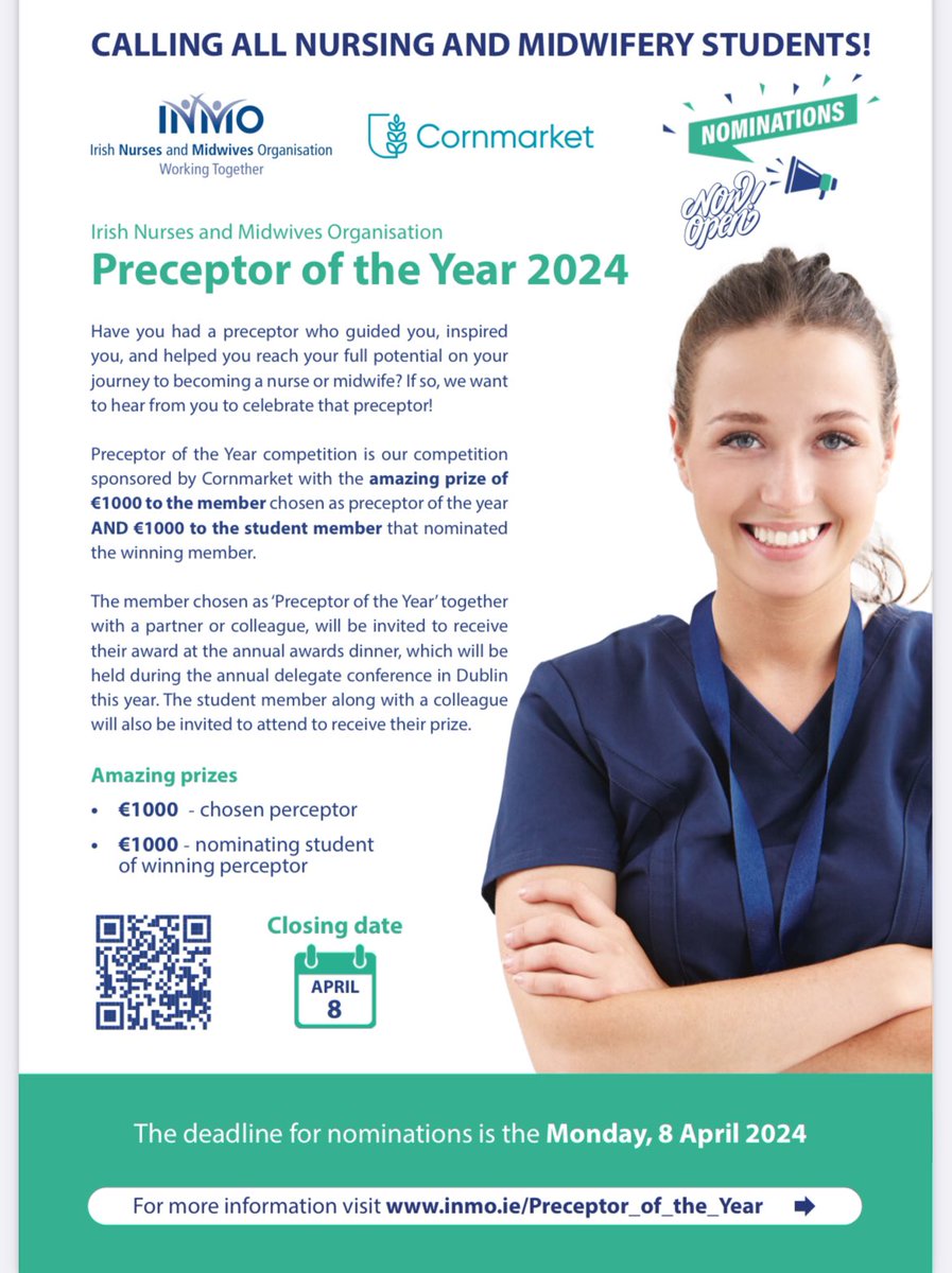 Are you a student nurse or midwife in Ireland? Are you a member of the INMO (@INMO_IRL)? Have you had an outstanding preceptor during your clinical placement? Why not nominate them for the Preceptor of the Year award! Head over to inmo.ie for more details!