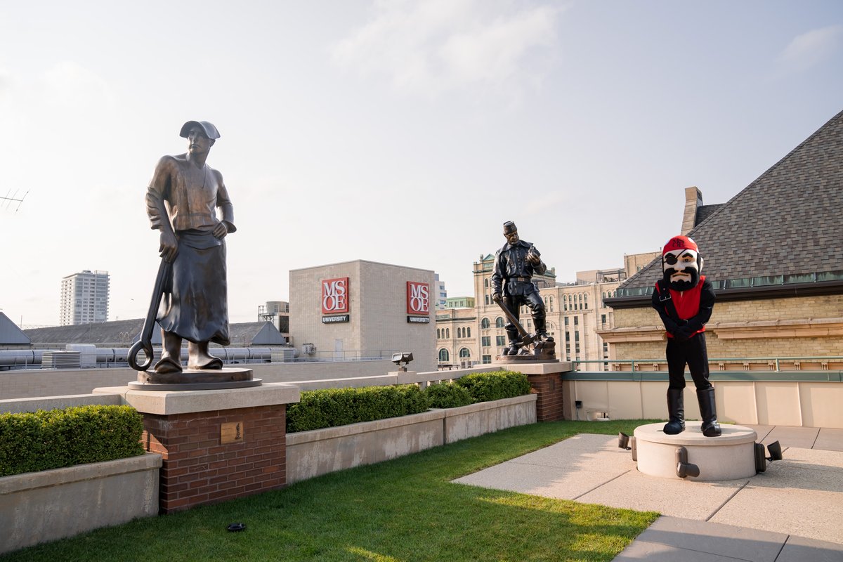 One of MSOE’s most treasured spaces, the @GrohmannMuseum rooftop sculpture garden has a new addition! Accompanying the dozen large, bronze sculptures will be the newest man at work, Roscoe Raider. Learn more about the new piece by visiting bit.ly/3J0QqsA