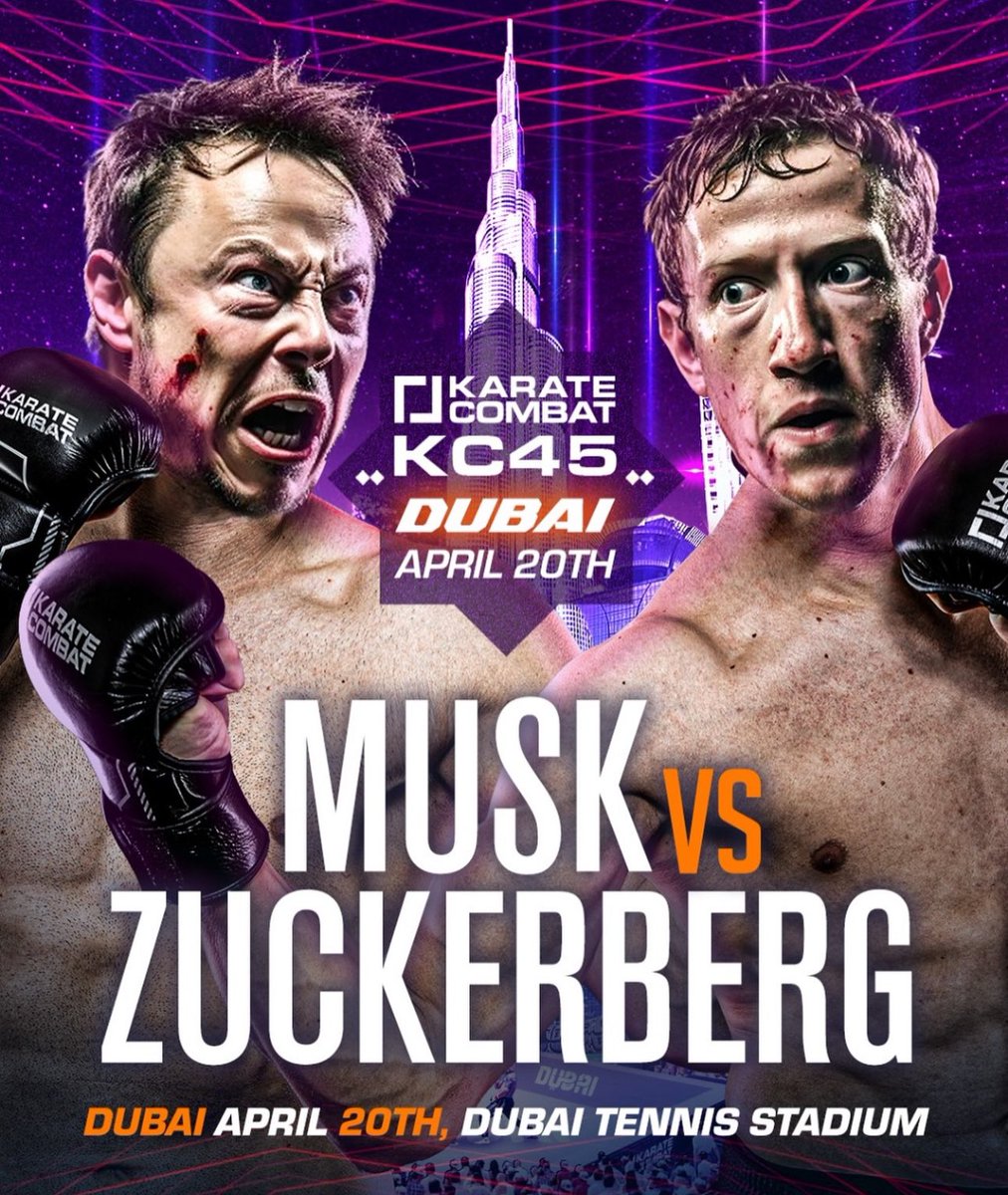 KarateCombat's tweet photo. The matchup deemed unmakeable is now on! The ultimate showdown, X vs Meta, Musk vs Zuck, will be settled inside the pit! 👀🔥

Catch the action at #KC45 in Dubai on April 20th! #AprilFools https://t.co/nk2YOopYAL
