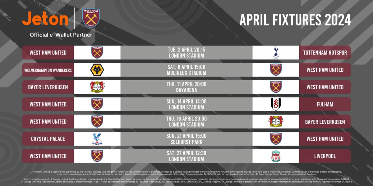 Let’s make this April unforgettable for Hammers ⚒️ Come On You Irons ⚽🏆 @westham #jetonwallet #whu #westhamunited #fixture #matchday #coyi #comeonyouirons