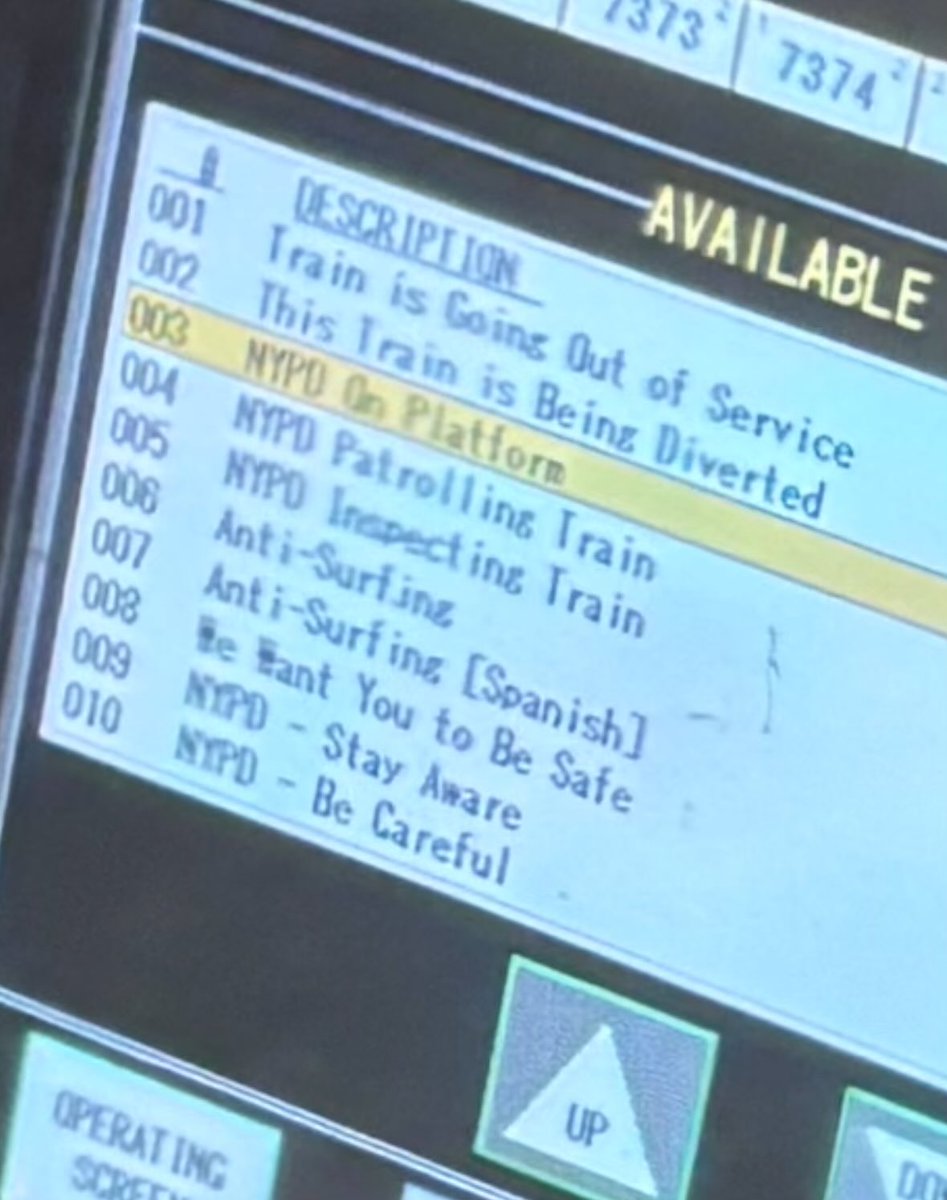 Subway conductors pick from a touch-screen menu to play “NYPD On Platform,” “Anti-Surfing,” “Anti-Surfing (Spanish)” and other recorded messages.